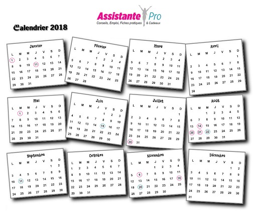 calendrier pour l'année 2018